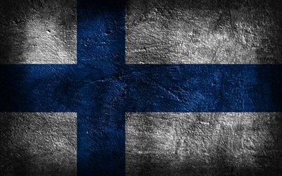 4k, フィンランドの旗, 石の質感, 石の背景, グランジアート, フィンランドの国のシンボル, フィンランド