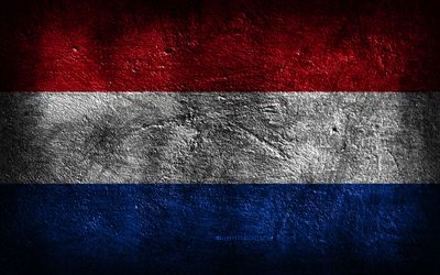4k, علم هولندا, نسيج الحجر, الحجر الخلفية, العلم الهولندي, فن الجرونج, الرموز الوطنية الهولندية, هولندا