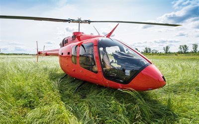 Bell 505 Jet Ranger X, 4k, multipurpose helicopters, civil aviation, red helicopter, aviation, Bell, pictures with helicopter