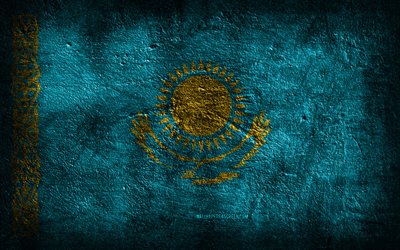 4k, Kazakhstan flag, stone texture, Flag of Kazakhstan, stone background, Kazakh flag, grunge art, Kazakh national symbols, Kazakhstan
