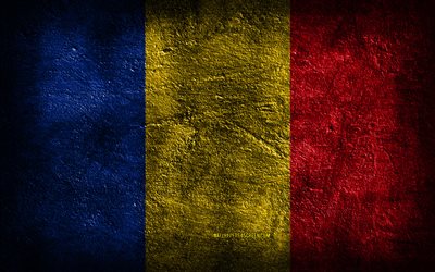 4k, Romania flag, stone texture, Flag of Romania, stone background, Romanian flag, grunge art, Romanian national symbols, Romania