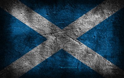 4k, 스코틀랜드 국기, 돌 질감, 스코틀랜드의 국기, 돌 배경, 그런지 아트, 스코틀랜드 국가 상징, 스코틀랜드