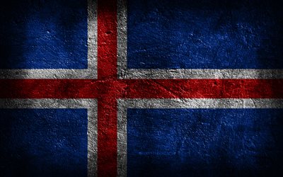 4k, アイスランドの旗, 石の質感, 石の背景, グランジアート, アイスランドの国家シンボル, アイスランド