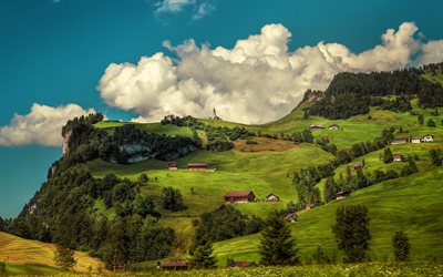 スイス, 4k, 山頂, 夏, 美しい自然, 草原, 山, hdr, スイスの自然, ヨーロッパ