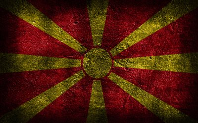 4k, 북마케도니아 국기, 돌 질감, 북마케도니아의 국기, 돌 배경, 그런지 아트, 북마케도니아 국가 상징, 북 마케도니아