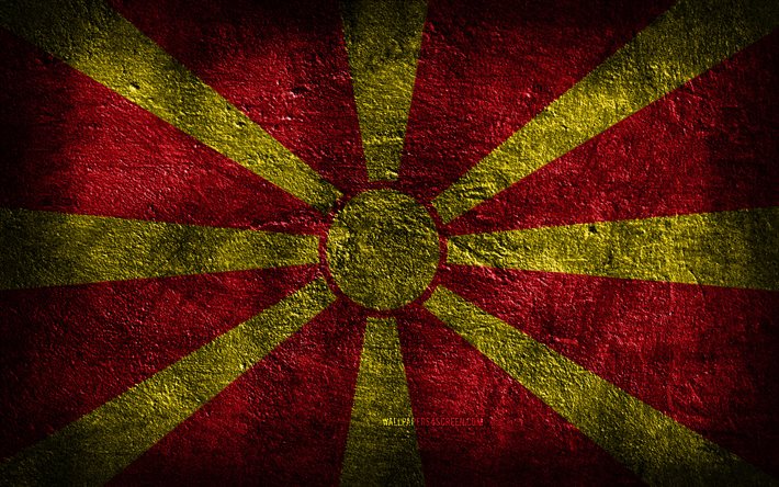 4k, bandiera della macedonia del nord, struttura di pietra, sfondo di pietra, arte del grunge, simboli nazionali della macedonia del nord, macedonia del nord
