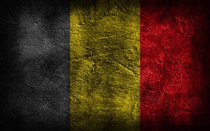 4k, علم بلجيكا, نسيج الحجر, الحجر الخلفية, العلم البلجيكي, فن الجرونج, الرموز الوطنية البلجيكية, بلجيكا