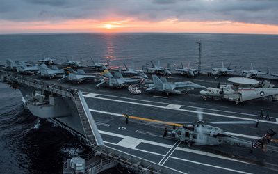 USS Carl Vinson, CVN-70, American nuclear aircraft carrier, US Navy, aircraft carrier deck, deck helicopter, FA-18, fighter jets, Nimitz-class, McDonnell Douglas FA-18 Hornet