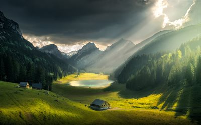 Switzerland, mountains, summer, valley, meadows, lake, mountain peaks, Alps, Europe, beautiful nature, swiss nature
