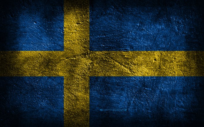 4k, スウェーデンの旗, 石の質感, 石の背景, グランジアート, スウェーデンの国家シンボル, スウェーデン