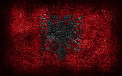 4k, アルバニアの旗, 石の質感, 石の背景, グランジアート, アルバニアの国家シンボル, アルバニア
