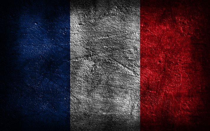 4k, フランスの旗, 石の質感, 石の背景, グランジアート, フランスの国家のシンボル, フランス