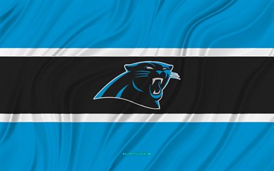 carolina panthers, 4k, blau-schwarze gewellte flagge, nfl, american football, 3d-stoffflaggen, carolina panthers-flagge, american-football-team, carolina panthers-logo