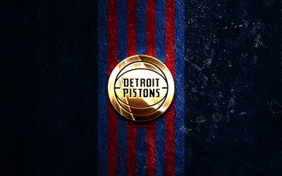 Detroit Pistons golden logo, 4k, blue stone background, NBA, american basketball team, Detroit Pistons logo, basketball, Detroit Pistons