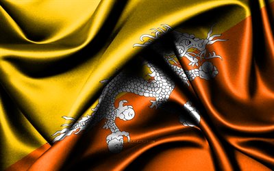 Bhutan flag, 4K, Asian countries, fabric flags, Day of Bhutan, flag of Bhutan, wavy silk flags, Asia, Bhutan national symbols, Bhutan