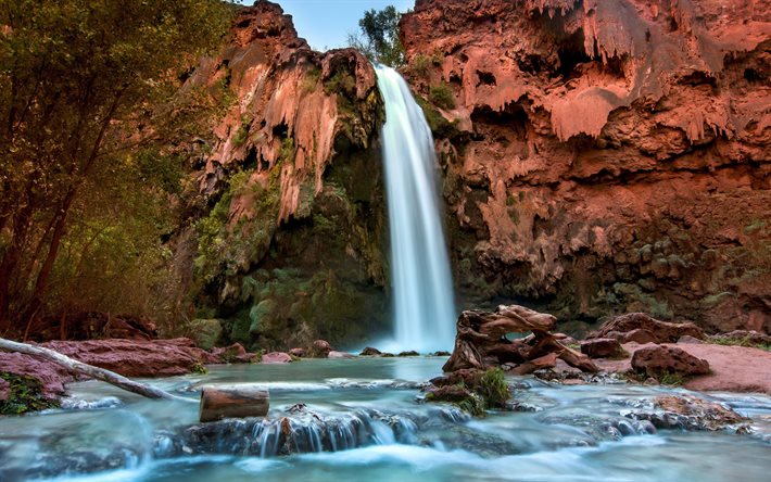 havasu falls, cachoeira, noite, pôr do sol, rochas vermelhas, grand canyon, cachoeira de montanha, bela cachoeira, paisagem de montanha, arizona, eua