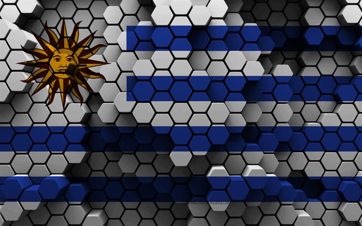 4k, drapeau de l uruguay, 3d fond hexagonal, uruguay 3d drapeau, 3d hexagone texture, uruguay symboles nationaux, uruguay, 3d arrière-plan, 3d uruguay drapeau