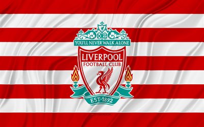 liverpool fc, 4k, bandera roja blanca ondulada, premier league, fútbol, banderas de tela 3d, bandera de liverpool, logotipo de liverpool, club de fútbol inglés, fc liverpool