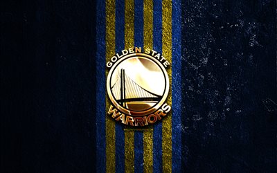 golden state warriors logo dorato, 4k, sfondo di pietra blu, nba, squadra di basket americana, logo golden state warriors, basket, golden state warriors