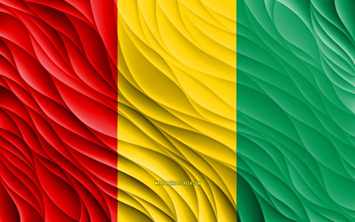 4k, العلم الغيني, أعلام 3d متموجة, الدول الافريقية, علم غينيا, يوم غينيا, موجات ثلاثية الأبعاد, الرموز الوطنية الغينية, غينيا