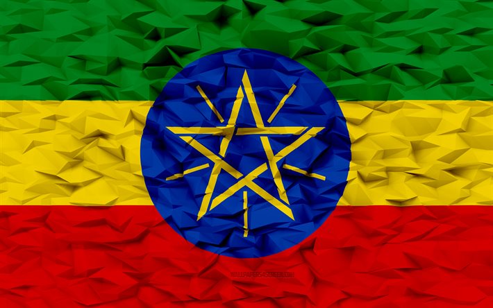 इथियोपिया का झंडा, 4k, 3 डी बहुभुज पृष्ठभूमि, 3डी बहुभुज बनावट, 3 डी इथियोपिया झंडा, इथियोपिया के राष्ट्रीय प्रतीक, 3डी कला, इथियोपिया