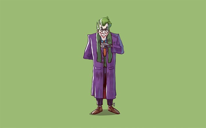 4k, joker, arrière-plans verts, super-vilain, imperméable violet, minimal, créatif, joker 4k, photos avec joker, dessin animé joker, joker minimalisme