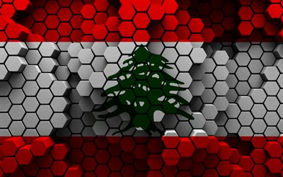 4k, bandera de líbano, fondo hexagonal 3d, bandera 3d de líbano, textura hexagonal 3d, símbolos nacionales de líbano, líbano, fondo 3d, bandera de líbano 3d