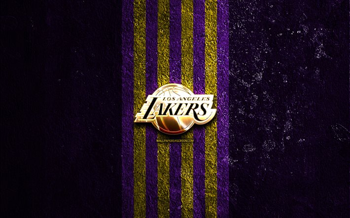 Los Angeles Lakers golden logo, 4k, violet stone background, NBA, american basketball team, Los Angeles Lakers logo, basketball, Los Angeles Lakers
