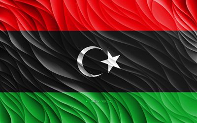 4k, العلم الليبي, أعلام 3d متموجة, الدول الافريقية, علم ليبيا, يوم ليبيا, موجات ثلاثية الأبعاد, الرموز الوطنية الليبية, ليبيا