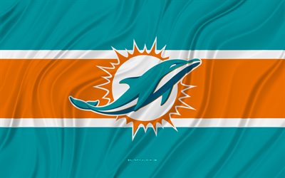 miami dolphins, 4k, bandiera ondulata blu arancione, nfl, football americano, bandiere in tessuto 3d, bandiera miami dolphins, squadra di football americano, logo miami dolphins