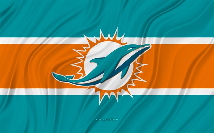 miami dolphins, 4k, drapeau bleu orange ondulé, nfl, football américain, drapeaux en tissu 3d, drapeau des miami dolphins, équipe de football américain, logo des miami dolphins