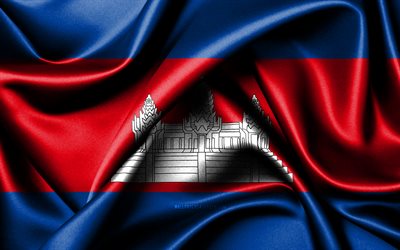 カンボジアの旗, 4k, アジア諸国, ファブリックフラグ, カンボジアの日, 波状のシルクの旗, アジア, カンボジアの国家のシンボル, カンボジア