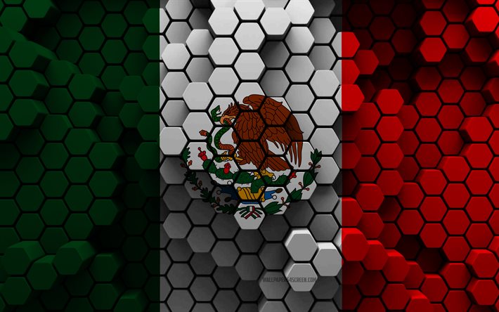 4k, drapeau du mexique, 3d hexagone fond, mexique 3d drapeau, 3d hexagone texture, mexique symboles nationaux, mexique, 3d fond, 3d mexique drapeau