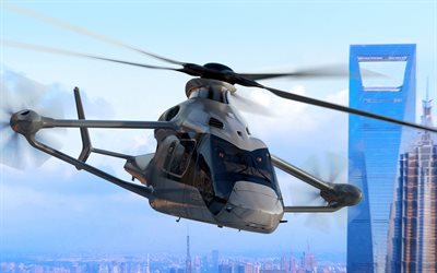 4k, エアバスレーサー, 青空, 民間航空, 白いヘリコプター, 多目的ヘリコプター, 飛行ヘリコプター, エアバス, ヘリコプターでの写真, エアバスヘリコプター