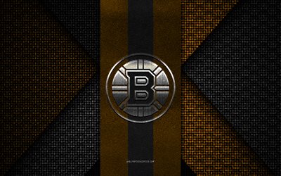boston bruins, nhl, svart gul stickad textur, boston bruins logotyp, american hockey club, boston bruins emblem, hockey, boston, usa