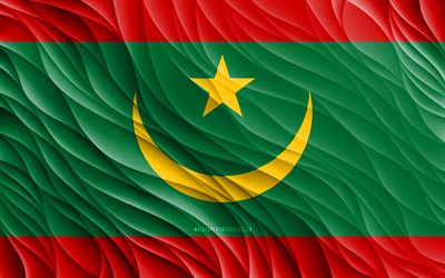 4k, drapeau mauritanien, ondulé 3d drapeaux, pays africains, drapeau de la mauritanie, jour de la mauritanie, 3d vagues, symboles nationaux mauritaniens, mauritanie