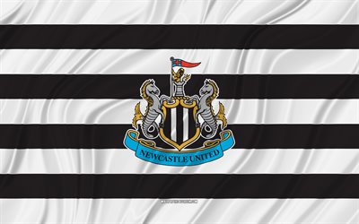 Newcastle United FC, 4K, white black wavy flag, Premier League, football, 3D fabric flags, Newcastle United flag, soccer, Newcastle United logo, english football club, Newcastle United