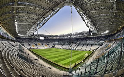 4k, Juventus Stadium, football field, Allianz Stadium, inside view, white black stands, Juventus FC, football stadium, Serie A, Italy, Turin, football