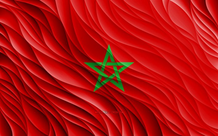 4k, モロッコの旗, 波状の3dフラグ, アフリカ諸国, モロッコの日, 3dウェーブ, モロッコの国家シンボル, モロッコ