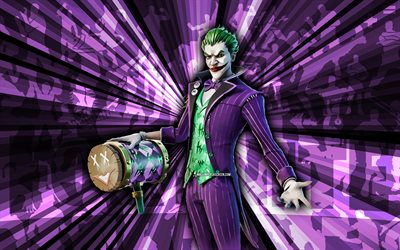 4k, The Joker Fortnite, purple rays background, The Joker Skin, abstract art, Fortnite The Joker Skin, Fortnite characters, The Joker, Fortnite, creative art