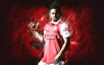 Gabriel Jesus, Arsenal FC, Brazilian football player, red stone background, Premier League, England, football, grunge art