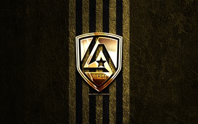 LA Force golden logo, 4k, brown stone background, NISA, american soccer club, LA Force logo, soccer, LA Force, football, LA Force FC