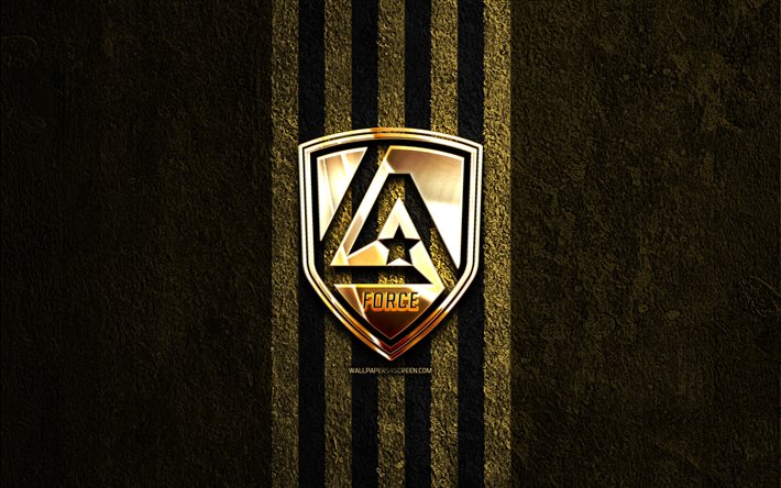 logotipo dorado de la force, 4k, fondo de piedra marrón, nisa, club de fútbol americano, logotipo de la force, fútbol, la force, la force fc