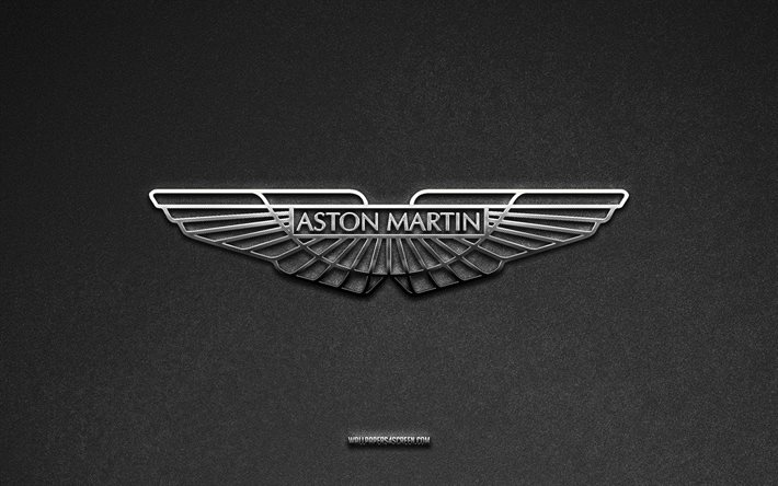 aston martin-logotyp, grå stenbakgrund, aston martin-emblem, billogotyper, aston martin, bilmärken, aston martin metalllogotyp, stenstruktur
