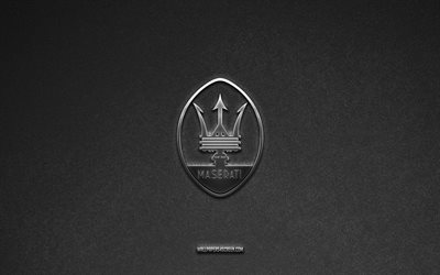 Maserati logo, gray stone background, Maserati emblem, car logos, Maserati, car brands, Maserati metal logo, stone texture
