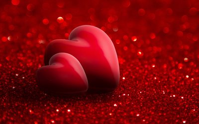 kaksi sydäntä, 4k, punainen glitter, rakkauskonsetit, 3d-sydämet, bokeh, sydämet