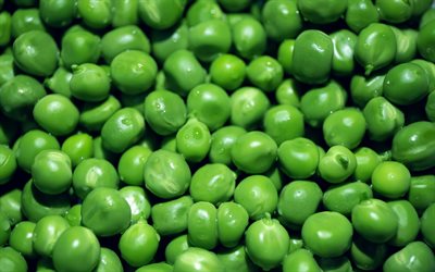 4k, 녹색 완두콩, 채소, 녹색 공, 완두콩이 있는 배경, 건강한 야채, 완두콩 질감