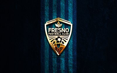 Fresno FC golden logo, 4k, blue stone background, USL, american soccer club, Fresno FC logo, soccer, football, Fresno FC
