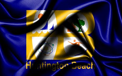 huntington beach flagge, 4k, amerikanische städte, stoffflaggen, tag von huntington beach, flagge von huntington beach, gewellte seidenflaggen, usa, städte von amerika, städte von kalifornien, us-städte, huntington beach