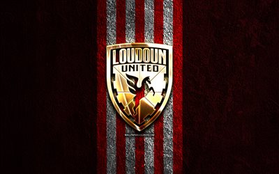 Loudoun United golden logo, 4k, red stone background, USL, american soccer club, Loudoun United logo, soccer, Loudoun United FC, football, Loudoun United